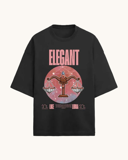 Black t-shirt with 'Elegant' design featuring a celestial theme on a white background