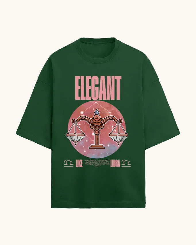 Green t-shirt with 'Elegant' design featuring a celestial theme on a white background