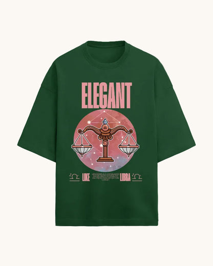 Green t-shirt with 'Elegant' design featuring a celestial theme on a white background