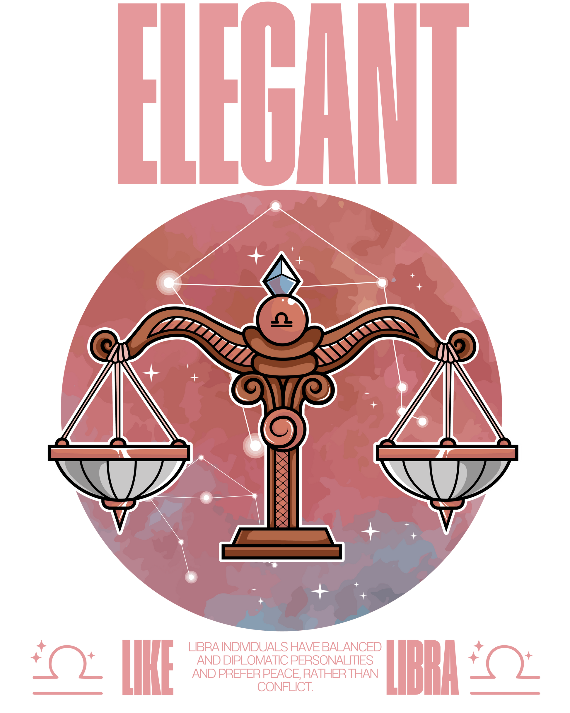 Libra zodiac sign with 'Elegant' text on a pink and purple gradient background