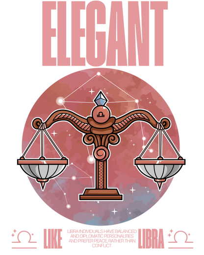 Libra zodiac sign with 'Elegant' text on a pink and purple gradient background