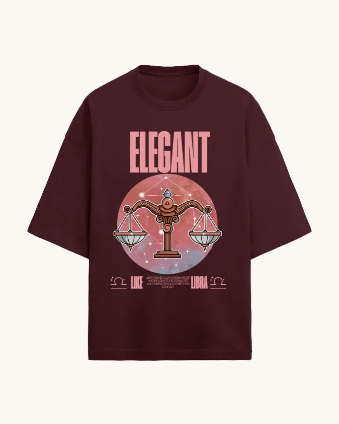 Maroon t-shirt with zodiac design and 'Elegant' text on a white background