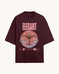 Maroon t-shirt with zodiac design and 'Elegant' text on a white background