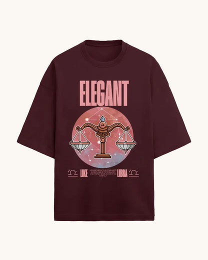Maroon t-shirt with zodiac design and 'Elegant' text on a white background