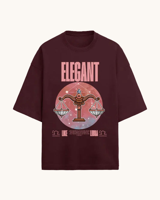 Maroon t-shirt with zodiac design and 'Elegant' text on a white background