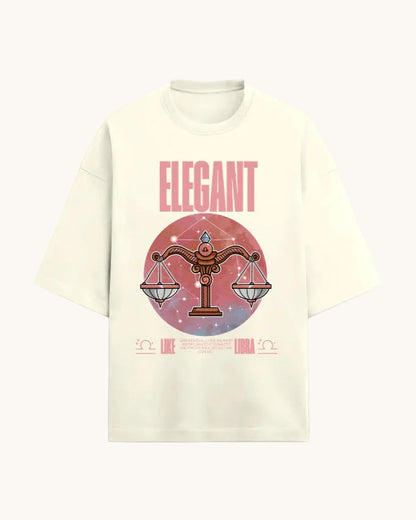 Beige t-shirt with Libra zodiac design and 'Elegant' text on a white background