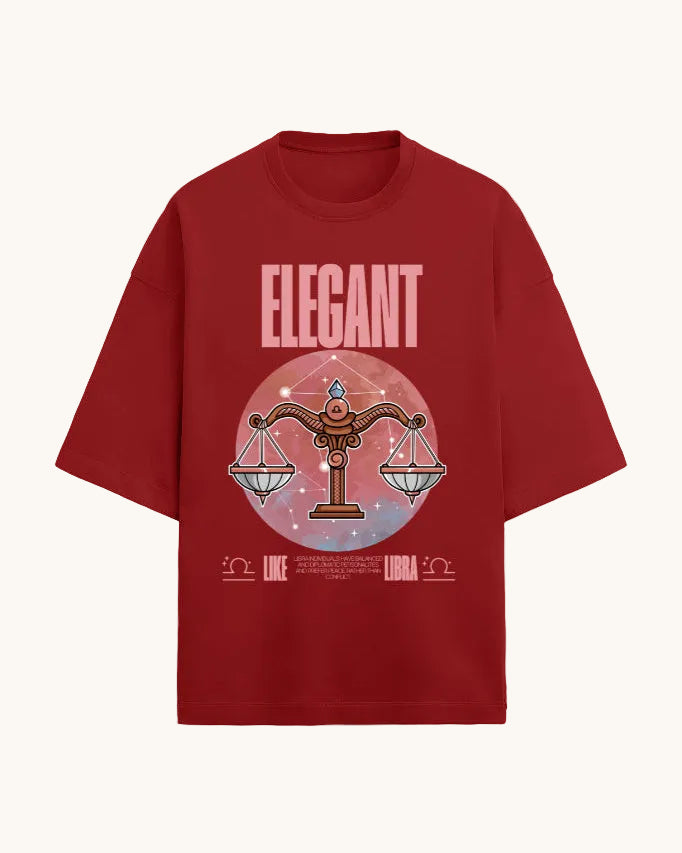 Red t-shirt with Libra zodiac design and 'Elegant' text on a white background