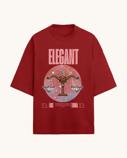 Red t-shirt with Libra zodiac design and 'Elegant' text on a white background