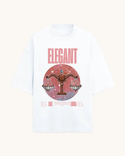White t-shirt with Libra zodiac design and 'Elegant' text on a white background