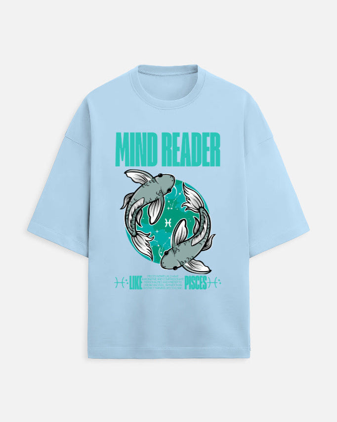 Light blue t-shirt with 'Mind Reader' graphic design featuring fish on a white background