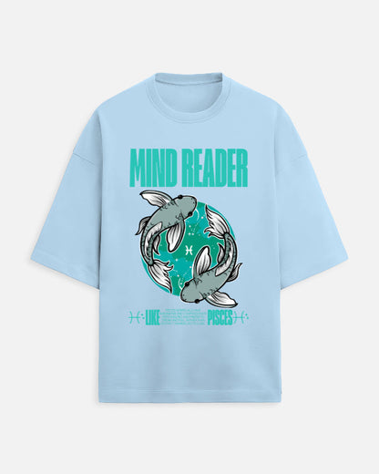 Light blue t-shirt with 'Mind Reader' graphic design featuring fish on a white background