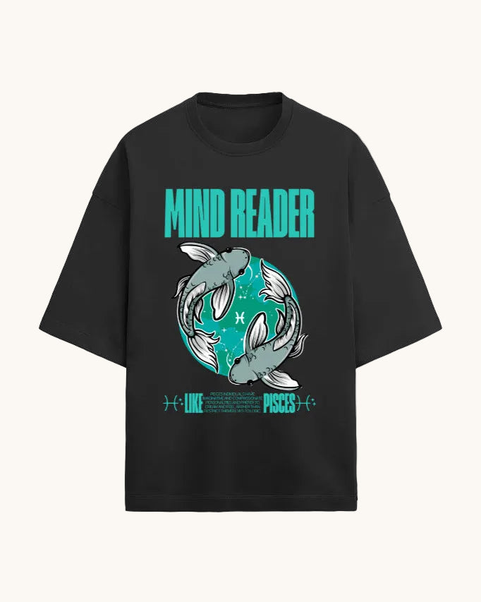 Black t-shirt with 'Mind Reader' graphic design featuring fish illustrations on a white background