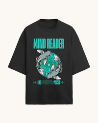 Black t-shirt with 'Mind Reader' graphic design featuring fish illustrations on a white background