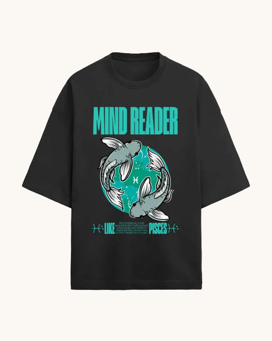 Black t-shirt with 'Mind Reader' graphic design featuring fish illustrations on a white background