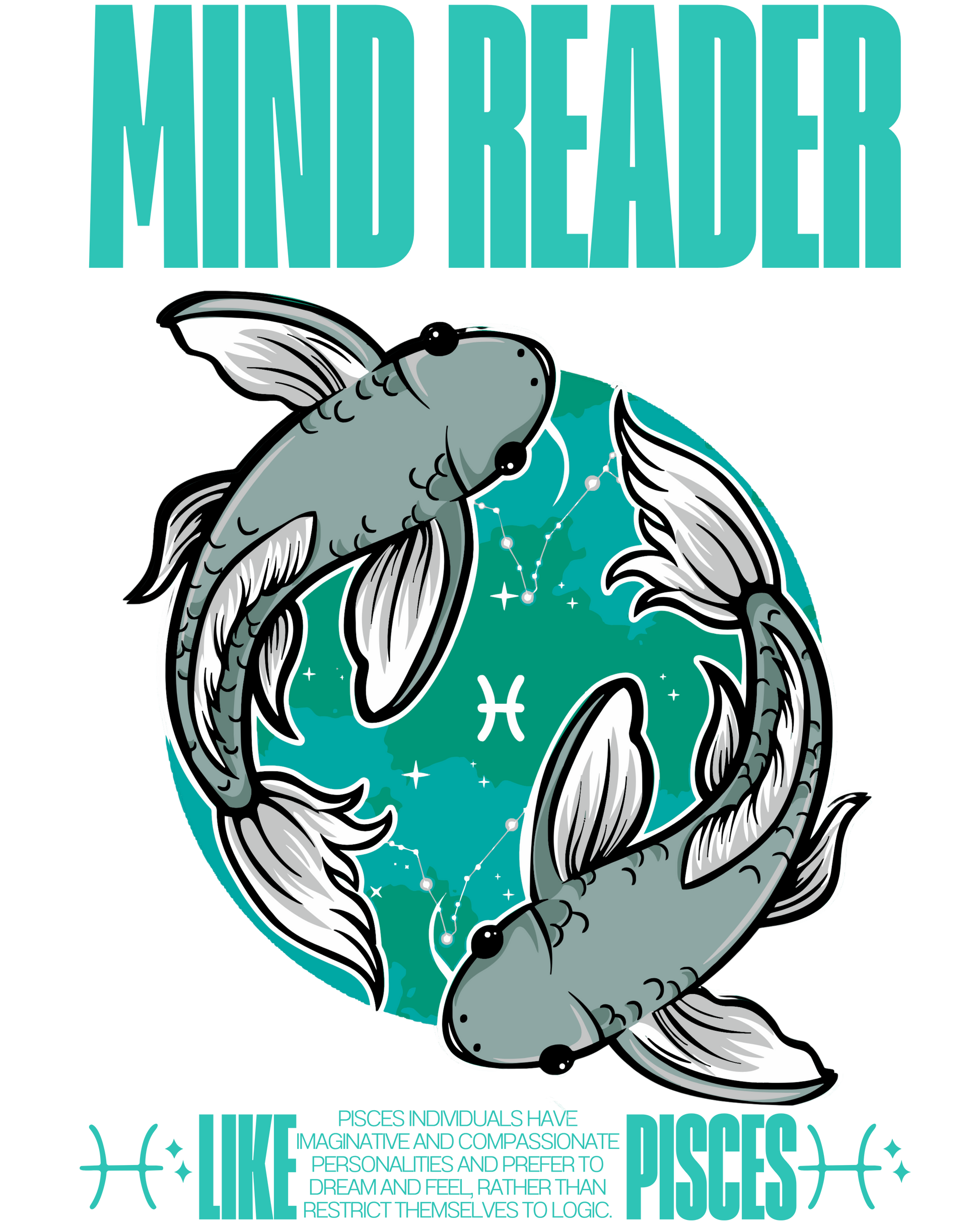 Design with two fish and text 'Mind Reader' on a teal background