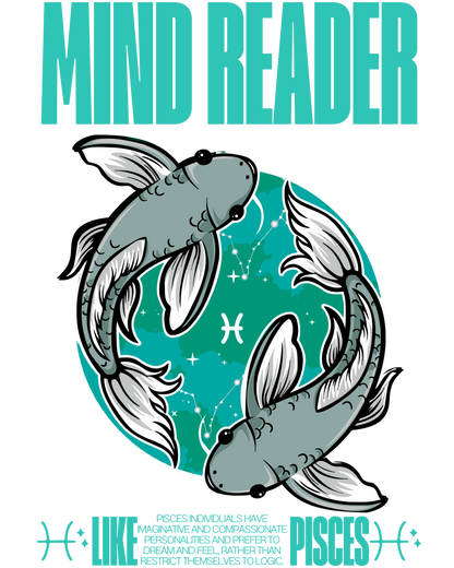 Design with two fish and text 'Mind Reader' on a teal background
