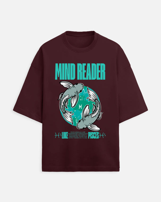 Maroon t-shirt with 'Mind Reader' graphic design on a white background