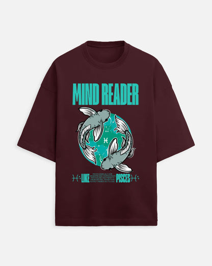 Maroon t-shirt with 'Mind Reader' graphic design on a white background
