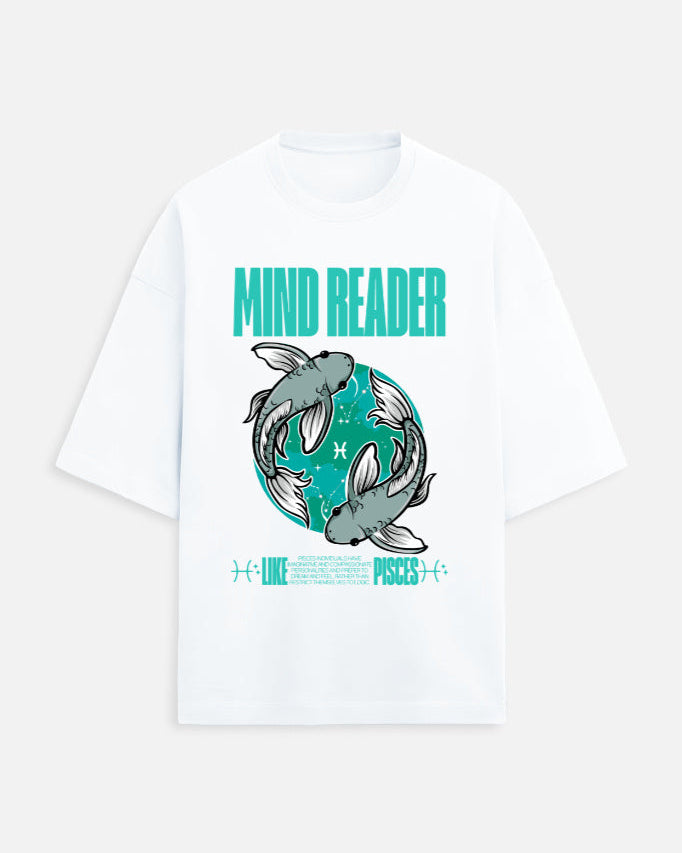White t-shirt with 'Mind Reader' graphic design featuring dolphins on a white background