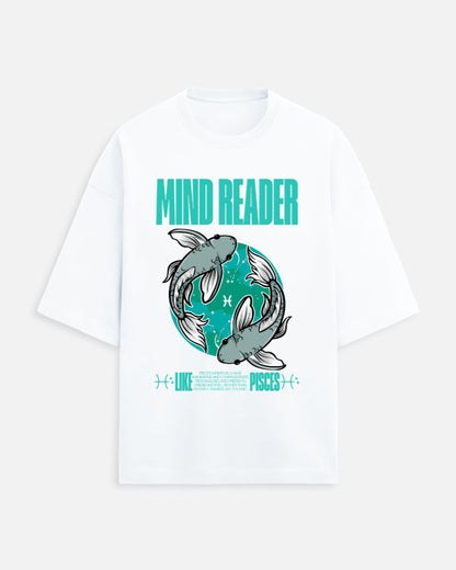 White t-shirt with 'Mind Reader' graphic design featuring dolphins on a white background