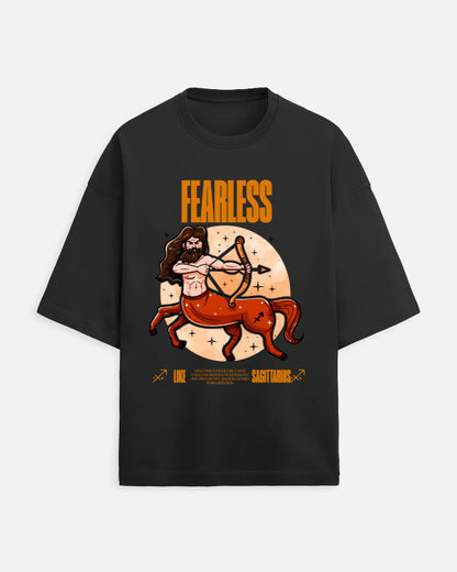 Black t-shirt with Sagittarius zodiac design and 'Fearless' text on a white background