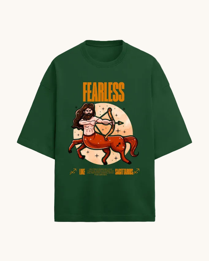 Green t-shirt with Sagittarius zodiac design and 'Fearless' text on a white background