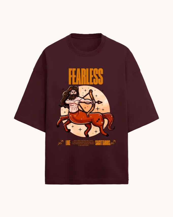 Maroon t-shirt with Sagittarius zodiac design and 'Fearless' text on a white background