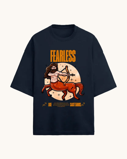 Black t-shirt with Sagittarius zodiac design and 'Fearless' text on a white background
