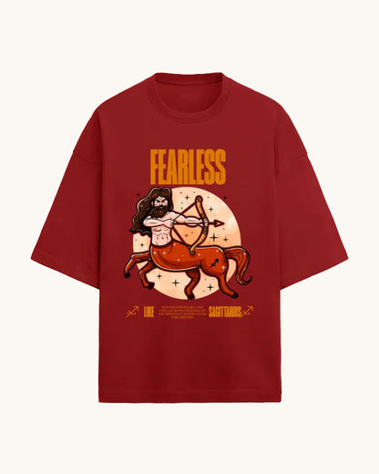 Red t-shirt with Sagittarius zodiac design and 'Fearless' text on a white background