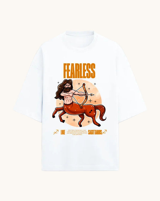 White t-shirt with Sagittarius zodiac design and 'Fearless' text on a white background