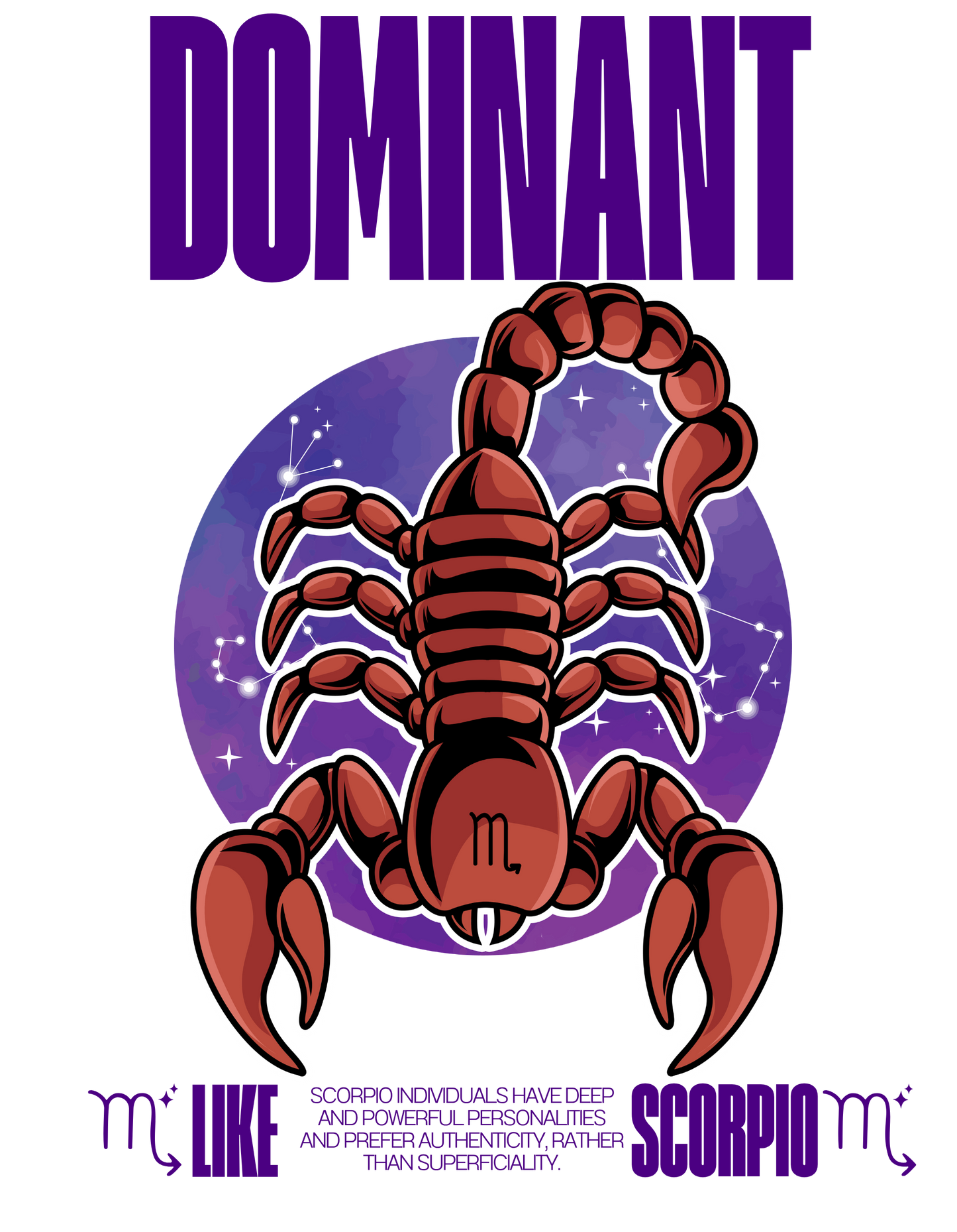 Scorpio zodiac sign with 'Dominant' text and purple background