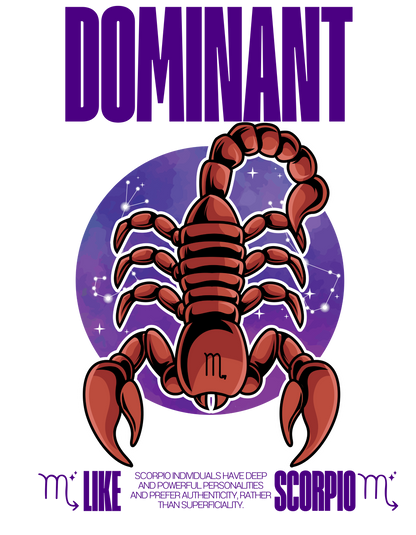 Scorpio zodiac sign with 'Dominant' text and purple background
