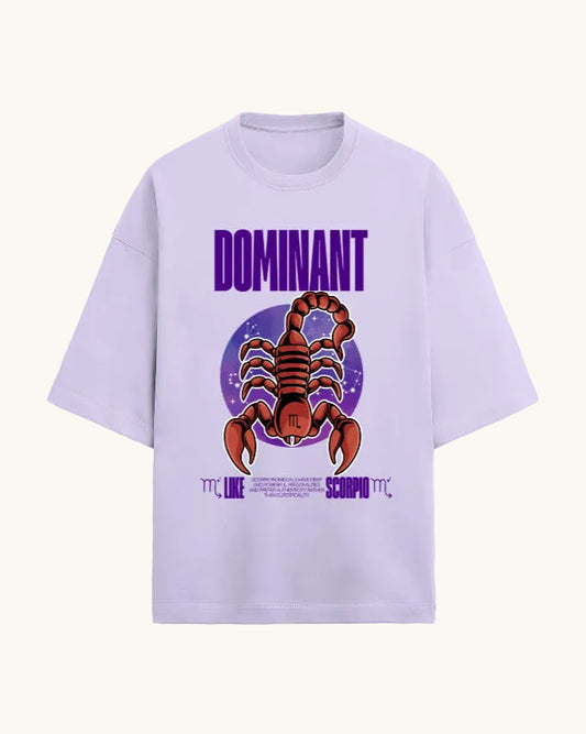 Lavender t-shirt with a scorpion graphic and 'Dominant' text on a white background