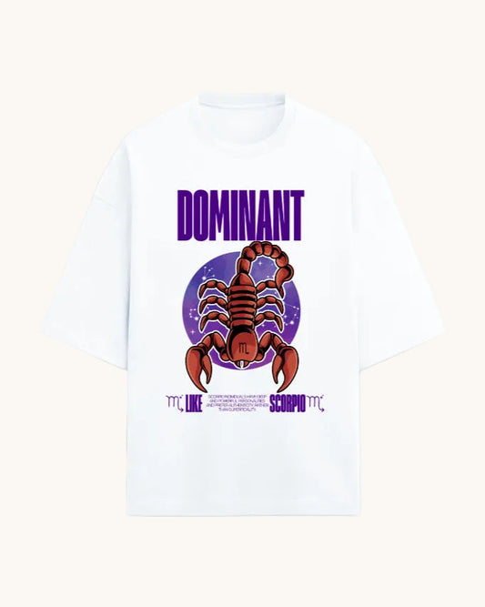 White t-shirt with a graphic design of a scorpion and the word 'Dominant' on a white background
