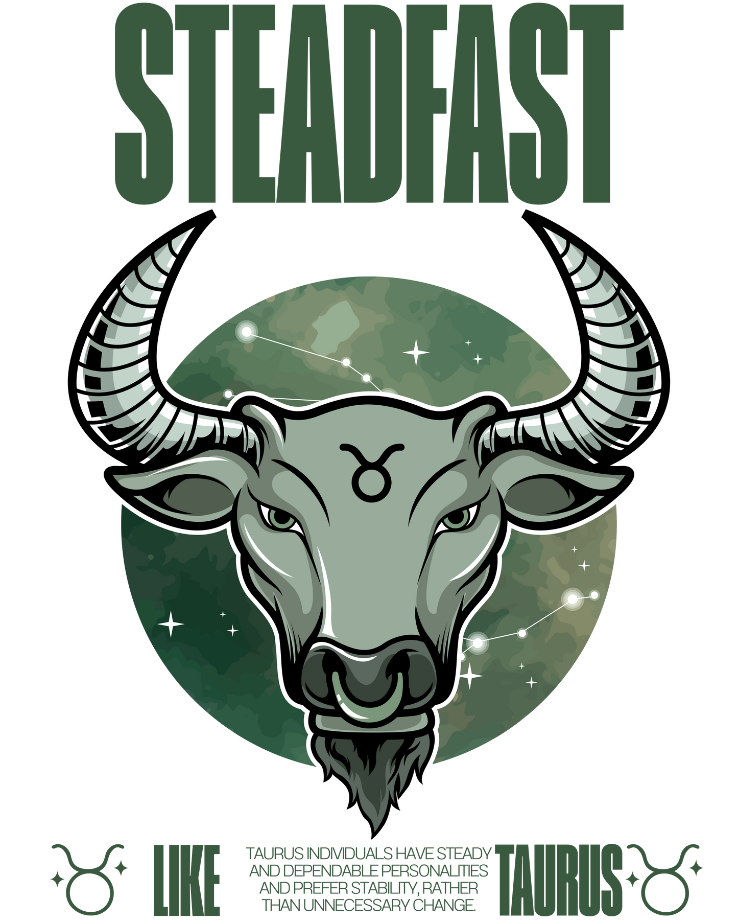 Taurus zodiac sign illustration with 'Steadfast' branding above it.