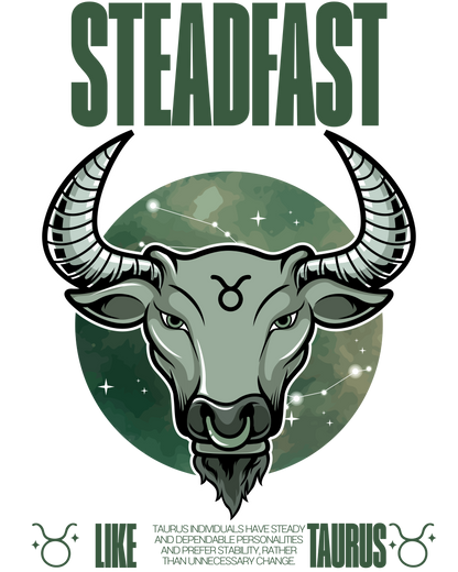 Taurus zodiac sign illustration with 'Steadfast' branding above it.