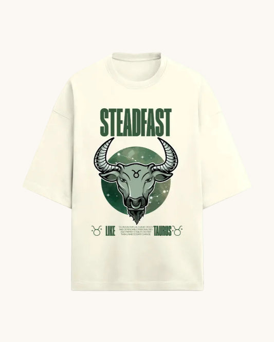 Beige t-shirt with a graphic design featuring a bull and the word 'Steadfast' on a white background.
