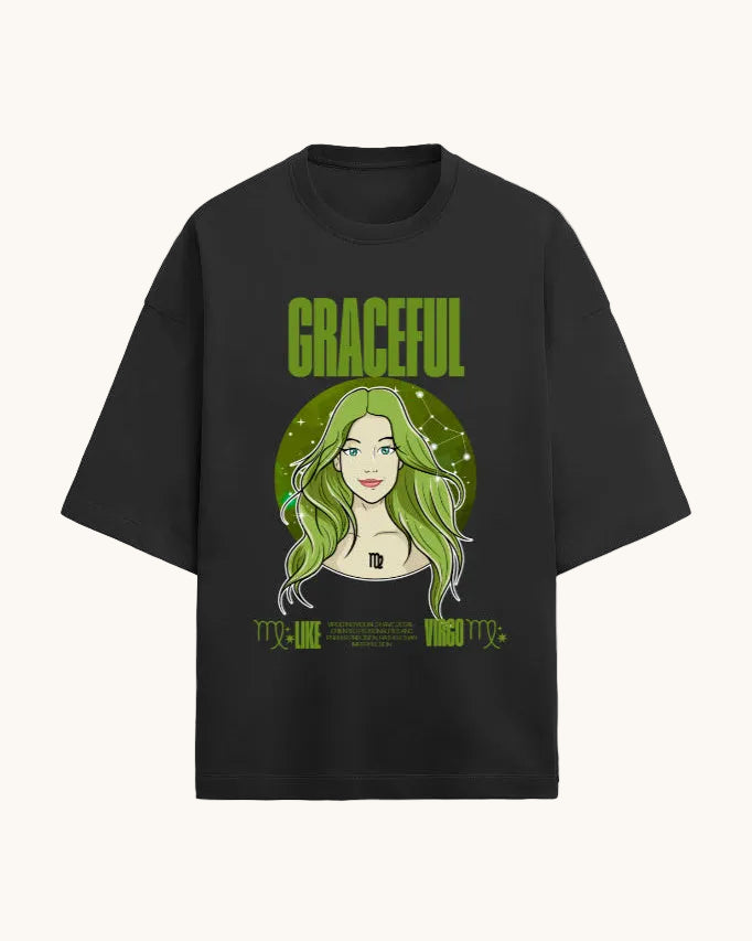 Black t-shirt with a graphic of a woman with green hair and the word 'GRACEFUL' on a white background