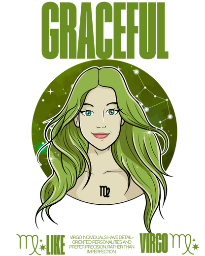 Illustration of a woman with green hair and a logo in the background