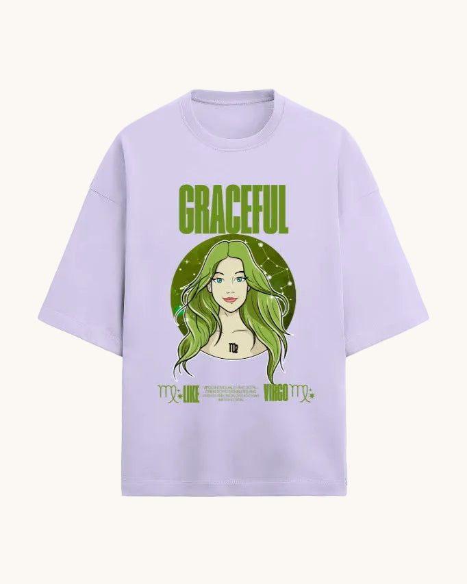 Lavender t-shirt with a graphic of a woman with green hair and the word 'GRACEFUL' on a white background
