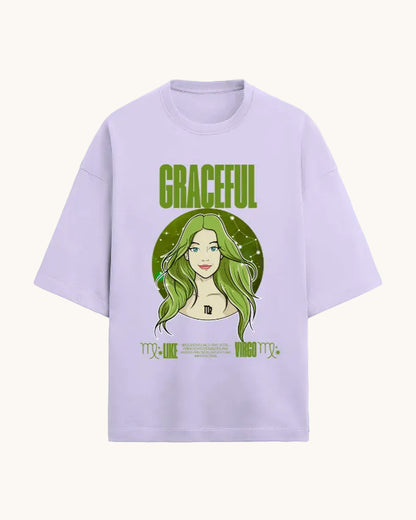 Lavender t-shirt with a graphic of a woman with green hair and the word 'GRACEFUL' on a white background