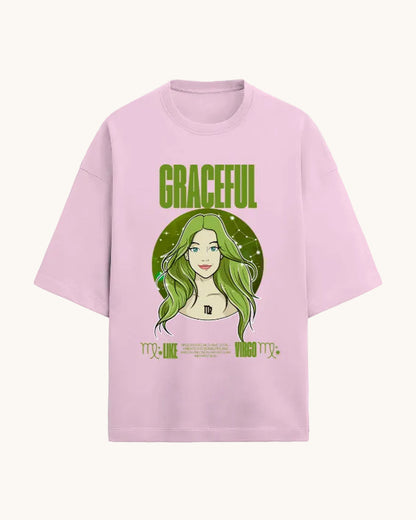 Pink t-shirt with a graphic of a woman with green hair and the word 'GRACEFUL' on a white background
