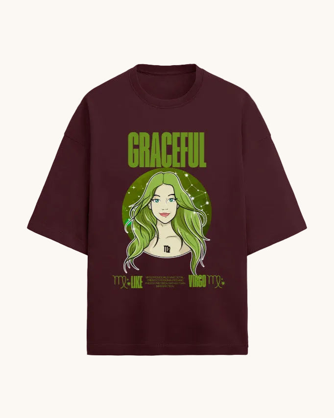 Maroon t-shirt with a graphic of a woman with green hair and the word 'GRACEFUL' on a white background.