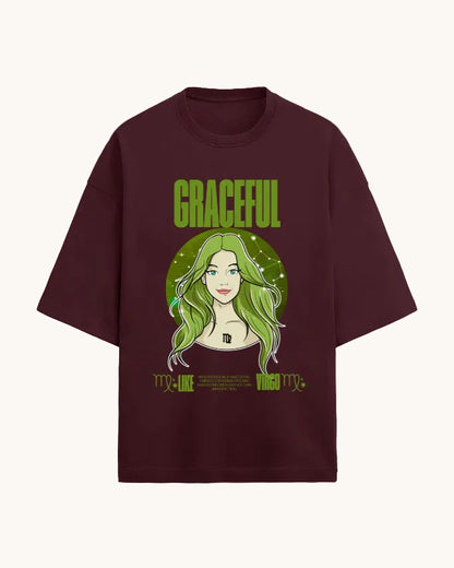 Maroon t-shirt with a graphic of a woman with green hair and the word 'GRACEFUL' on a white background.