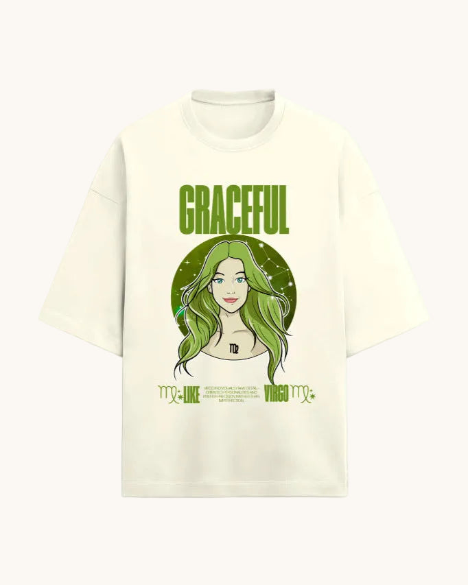 Beige t-shirt with a graphic of a woman with green hair and the word 'GRACEFUL' on a white background