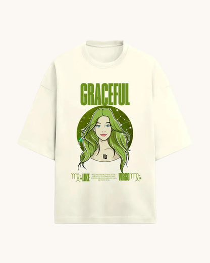 Beige t-shirt with a graphic of a woman with green hair and the word 'GRACEFUL' on a white background