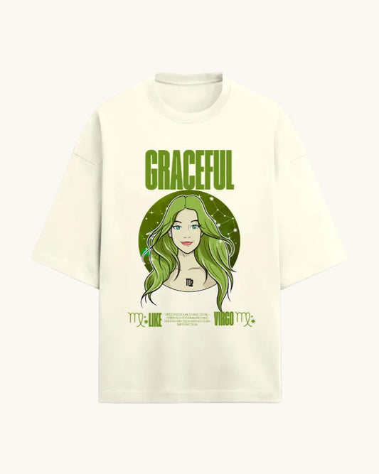 Beige t-shirt with a graphic of a woman with green hair and the word 'GRACEFUL' on a white background